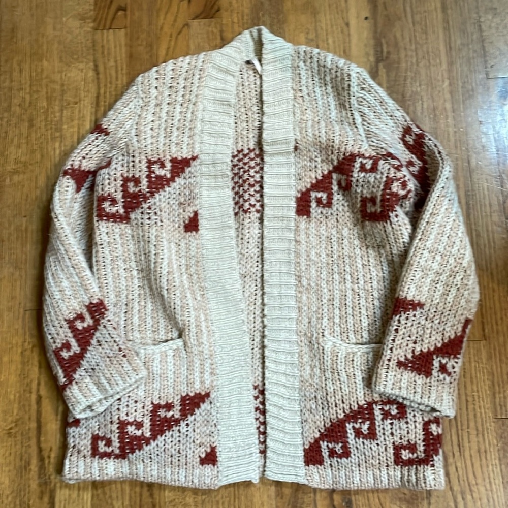 Free People Sz M Cream Peach & Rust Aztec Open Cardigan